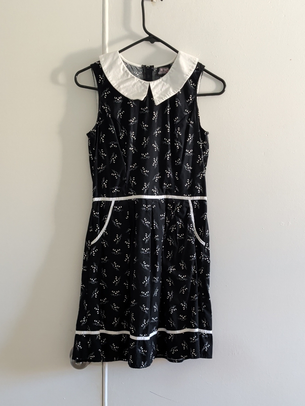 Retrolicious Black Cat Print Dress Small S Peter Pan Collar Pockets Rockabilly